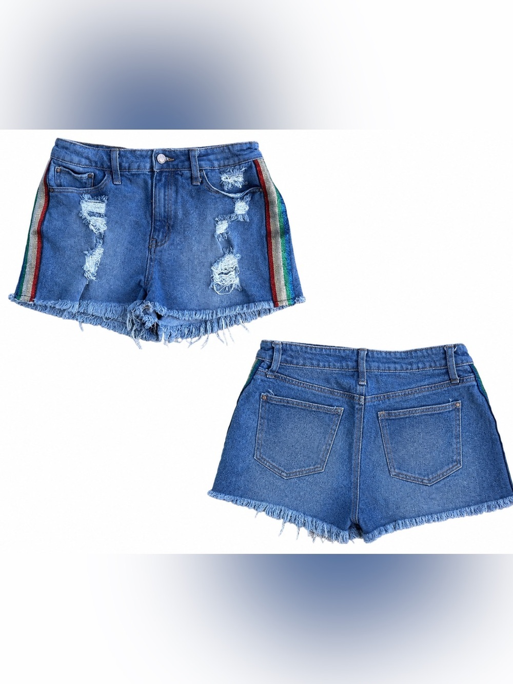 Y2K Distressed Denim Shorts - Rainbow Stripe - 7